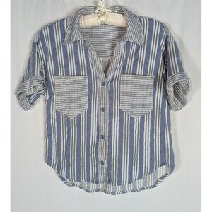 Julia J Button Down S Women's Blue White Contrasting Stripes Short Sleeve Chic